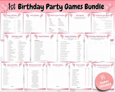 the 1st birthday party games bundle is shown in pink and white with hearts on it