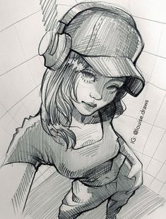 a drawing of a girl wearing a helmet