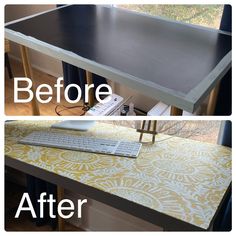 before and after photos of a desk with an old computer on it, the top is painted yellow