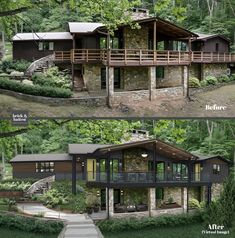 the before and after pictures of a modern house in the woods, with stone walls