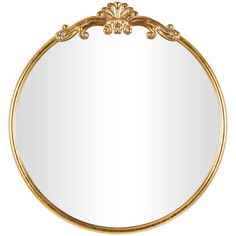 a round mirror with an ornate design on the top and bottom edge, in gold