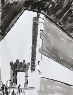 a black and white drawing of a chair under a roof