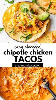 easy shredded chipotle chicken tacos with avocado and cilantro