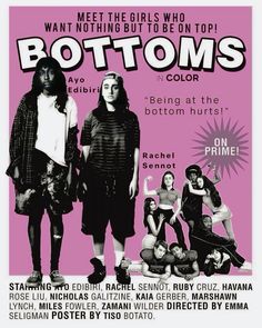 an advertisement for the movie bottoms, featuring two women in black and white outfits with pink background