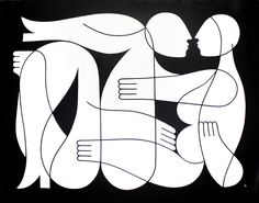 a black and white drawing of two people hugging each other