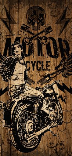 a drawing of a person riding a motorcycle on a wooden background with the words motor cycle