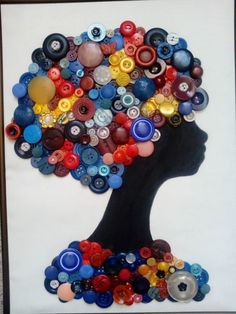 a woman's head made out of buttons on a white background with a brown frame