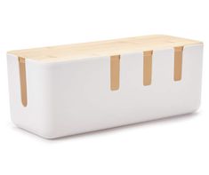 a white container with three wooden handles on the top and bottom, in front of a white background