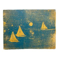 three sailboats floating in the water on a blue and yellow background with an orange circle