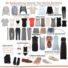 a bunch of different types of clothes and shoes on a white board with the words my backpacking round - the world wardrobe