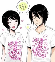 two people wearing t - shirts with hearts on them and one has a thought bubble above their head