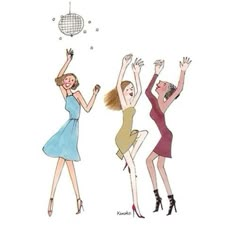 three women in dresses are dancing with their hands up and one is wearing high heels