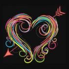 a heart with an arrow in the middle and swirls around it on a black background