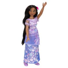 the doll is wearing a purple dress and holding her hand up in the air with both hands