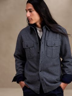 Move through the season in considerable coziness with this heavy flannel shirt jacket crafted of 100% cotton, a sumptuously soft texture when snowflakes begin to make an appearance.  Spread collar with button-front closure.  Chest pockets.  Shirttail Winter Cotton Shacket With Button Closure, Winter Cotton Shacket With Buttons, Winter Cotton Tops With Buttoned Pockets, Cotton Shacket With Buttons For Winter, Winter Shirt With Button Closure, Winter Wool Shacket With Button Closure, Winter Long Sleeve Shirt With Pockets, Collared Buttoned Shirt For Winter, Winter Collared Shirt With Buttons