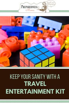 an advertisement for the keep your santay with a travel entertainment kit, featuring colorful legos