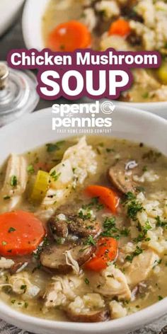 chicken mushroom soup in a white bowl with carrots, celery and rice