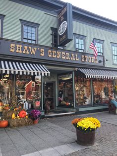 a store front with flowers and pumpkins in the foreground on a city street