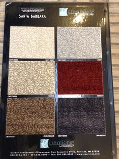 the packaging for santa barbara carpeting is shown in different colors and patterns, including red