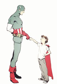 a little boy standing next to an older man in a suit and red cape holding hands