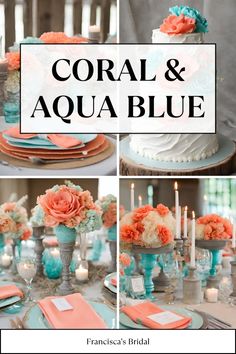 coral and aqua blue wedding decor with flowers, candles and napkins on the table