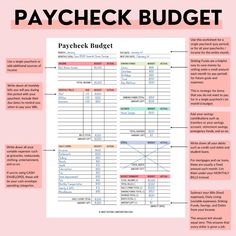 the paycheck budget spreadsheet is shown in black and white, with pink background