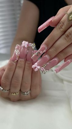 @Nailsbyjocelynr #nails #nailinspo #pinknails #coquettenails Pink Nail Designs Hello Kitty, Pink Blinged Out Nails, Cute Pink French Tip Nails, Pink Sweet 16 Nails, Princess Pink Nails, Light Pink French Nails, Pink Nails Birthday, Pink Nails With Charms, Pink Quince Nails