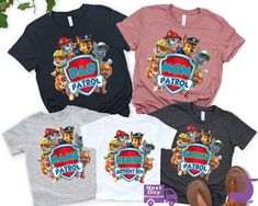 three t - shirts with paw patrol on them and one has a pair of flip flops