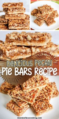 delicious pecan pie bars recipe on a white plate with text overlay that reads delicious pecan pie bars recipe