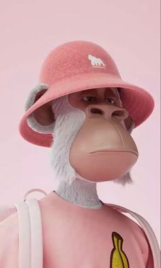 a monkey wearing a pink hat with a banana on it's chest and back