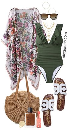 Plus Size Beach Vacation Outfits with a swimsuit, boho kimono, slide sandals, and straw tote - Alexa Webb Plus Size Beach Vacation Outfits, Khaki Shorts Outfit, Strand Outfit, Plus Size Beach Outfits, Alexa Webb, Plus Size Beach, Beach Vacation Outfits, Summer Vacation Outfits, Boho Kimono