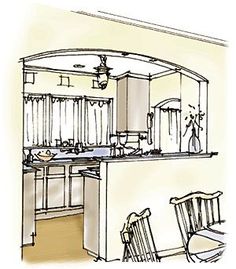 a drawing of a kitchen and dining room