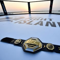 a close up of a wrestling ring with the sun setting in the distance behind it