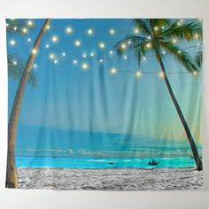 a beach scene with two palm trees and lights hanging from the ceiling over the ocean