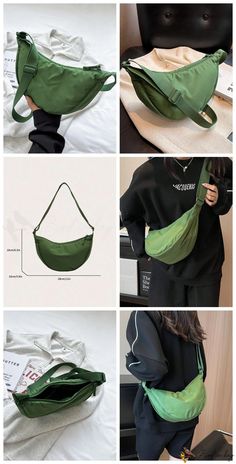 four pictures showing how to fold an unzipped fanny bag