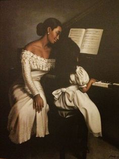 a painting of a man and woman sitting next to each other in front of a piano