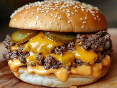 a cheeseburger with pickles and onions is on a wooden cutting board, ready to be eaten