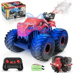 the remote controlled monster truck is in front of a box with other toys around it