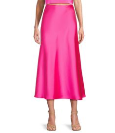 From Antonio Melani&#x2C; this skirt features: Draped satin fabrication A-line silhouette Midi lengthUnlinedSide zip and hook closureApprox. 33" in lengthPolyesterDry cleanImported. Chic Satin A-line Skirt, Chic A-line Satin Skirt, Spring Satin Dress With Flared Skirt, Satin A-line Flowy Skirt, Formal Pink Satin Bottoms, Spring Silk A-line Skirt, Silk A-line Skirt, Fitted A-line Satin Skirt, Spring Satin Full Skirt Bottoms