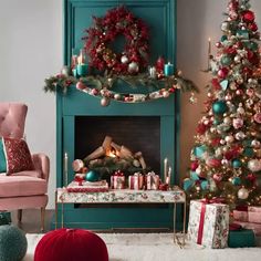 a living room decorated for christmas with a fireplace and tree in the corner, surrounded by presents