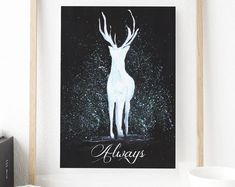 a white deer standing in front of a black background with the words always on it