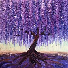 a painting of a tree with purple leaves