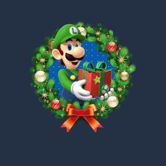 an image of mario christmas wallpaper with presents in front of the wreath and bows