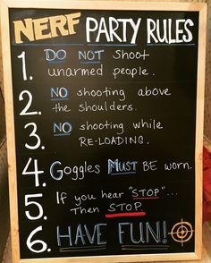 a sign that says nerf party rules on it