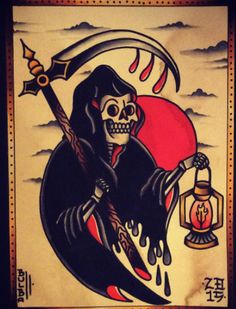 a drawing of a grim skeleton holding a sculler with a red sun in the background