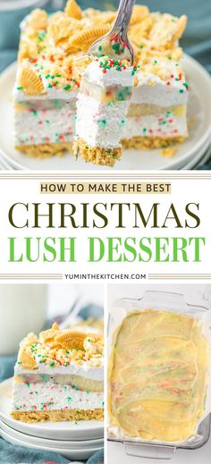 the best christmas lush dessert recipe with white frosting and sprinkles