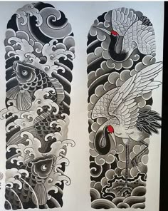 two black and white tattoos with birds on them