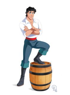 a cartoon character standing on top of a barrel with his arms crossed and legs crossed