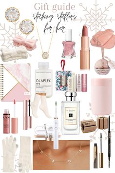 the ultimate gift guide for her, including pink and white accessories with snowflakes on them