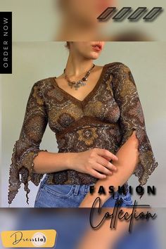 Deep V Neck Lace Printed Shirt Brown V-neck Top For Summer, Brown V-neck Shirt For Summer, Vintage Printed V-neck Top, Brown Printed Tops For Spring, Fitted V-neck Printed Tops, Fitted Printed V-neck Top, Trendy Brown V-neck Top, Fitted Brown V-neck Blouse, Brown Bohemian V-neck Top